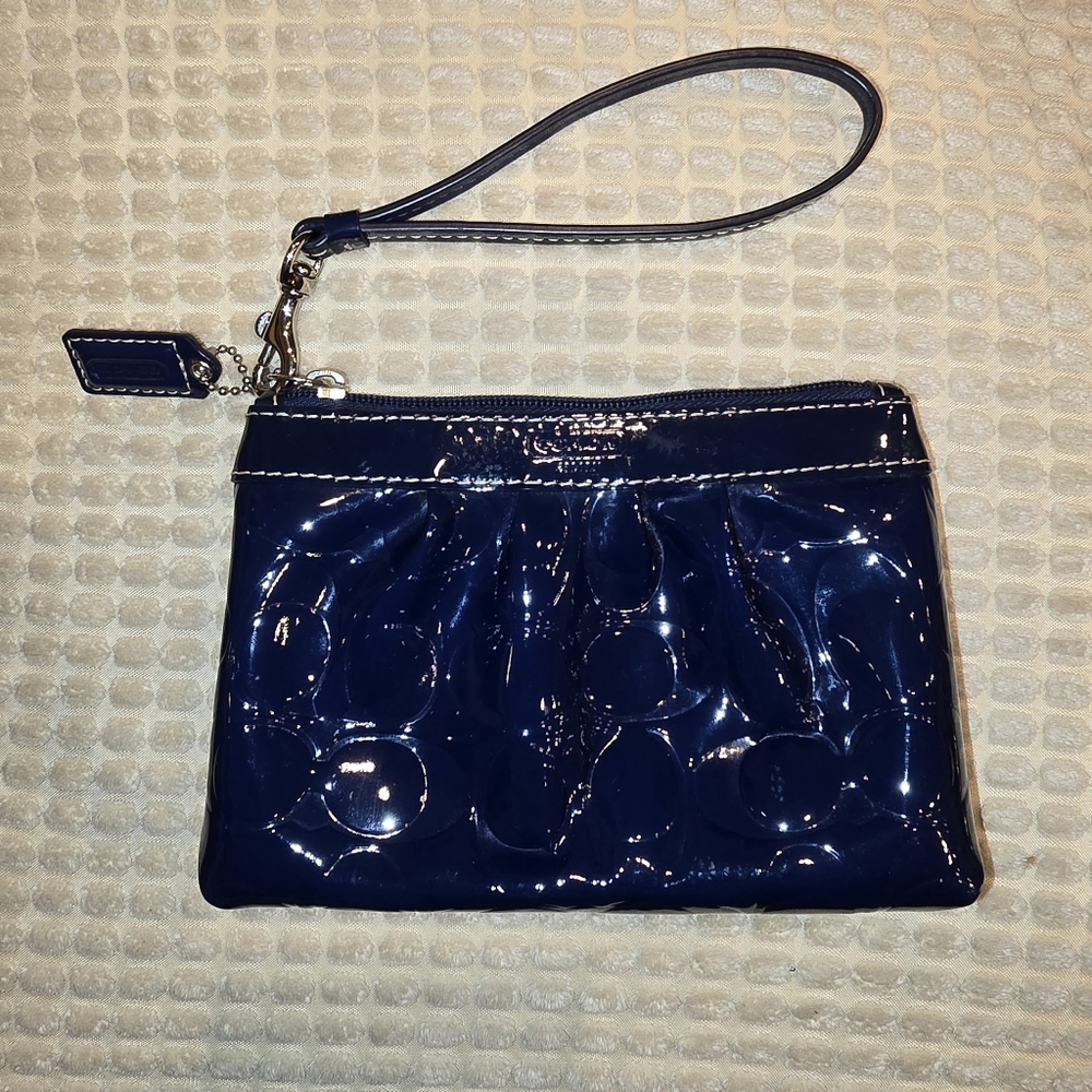 COACH Navy Blue Embossed Patent Leather Wristlet